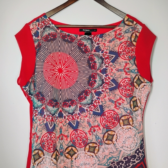 Desigual Tokyo Japan Shift Dress Womens 44 US XL Red Asymmetrical Art To Wear - Picture 3 of 12